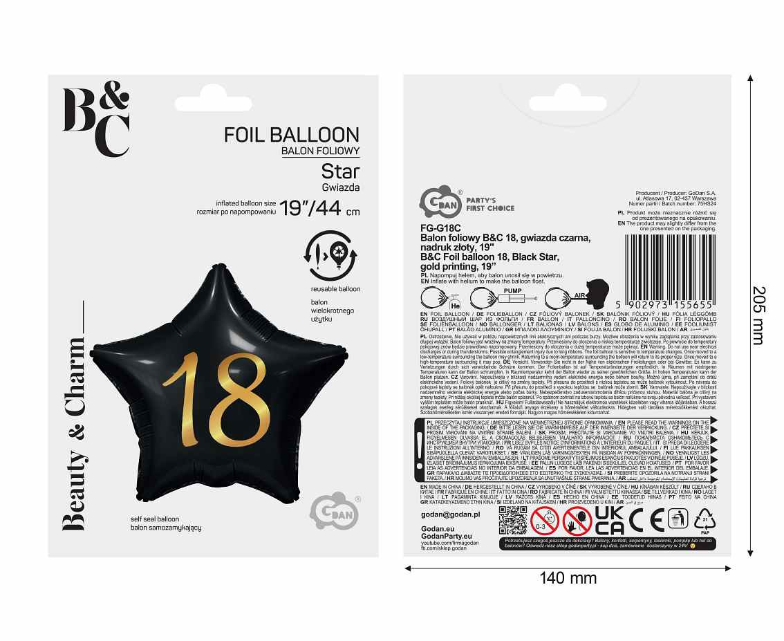 Foil balloon 18, Star, black, gold printing, 19"